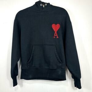 AMI Paris Ami de Cœur hoodie Black Cotton Rhinestone Pullover Sweatshirt XXS
